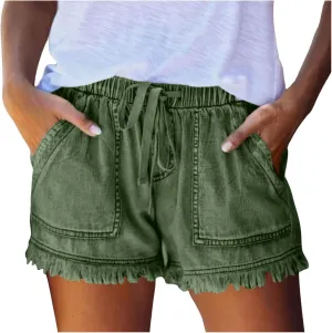 Jeans Shorts Women High Elastic Waisted Stretchy Fringed Denim Shorts Classic Fit Baggy Drawstring Summer Casual Jorts