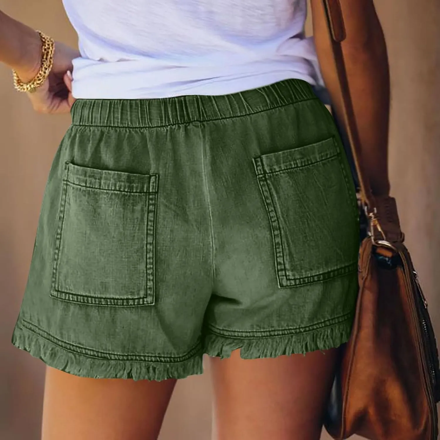 Jeans Shorts Women High Elastic Waisted Stretchy Fringed Denim Shorts Classic Fit Baggy Drawstring Summer Casual Jorts