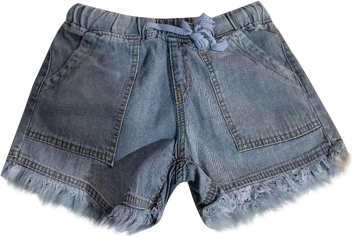 Jeans Shorts Women High Elastic Waisted Stretchy Fringed Denim Shorts Classic Fit Baggy Drawstring Summer Casual Jorts