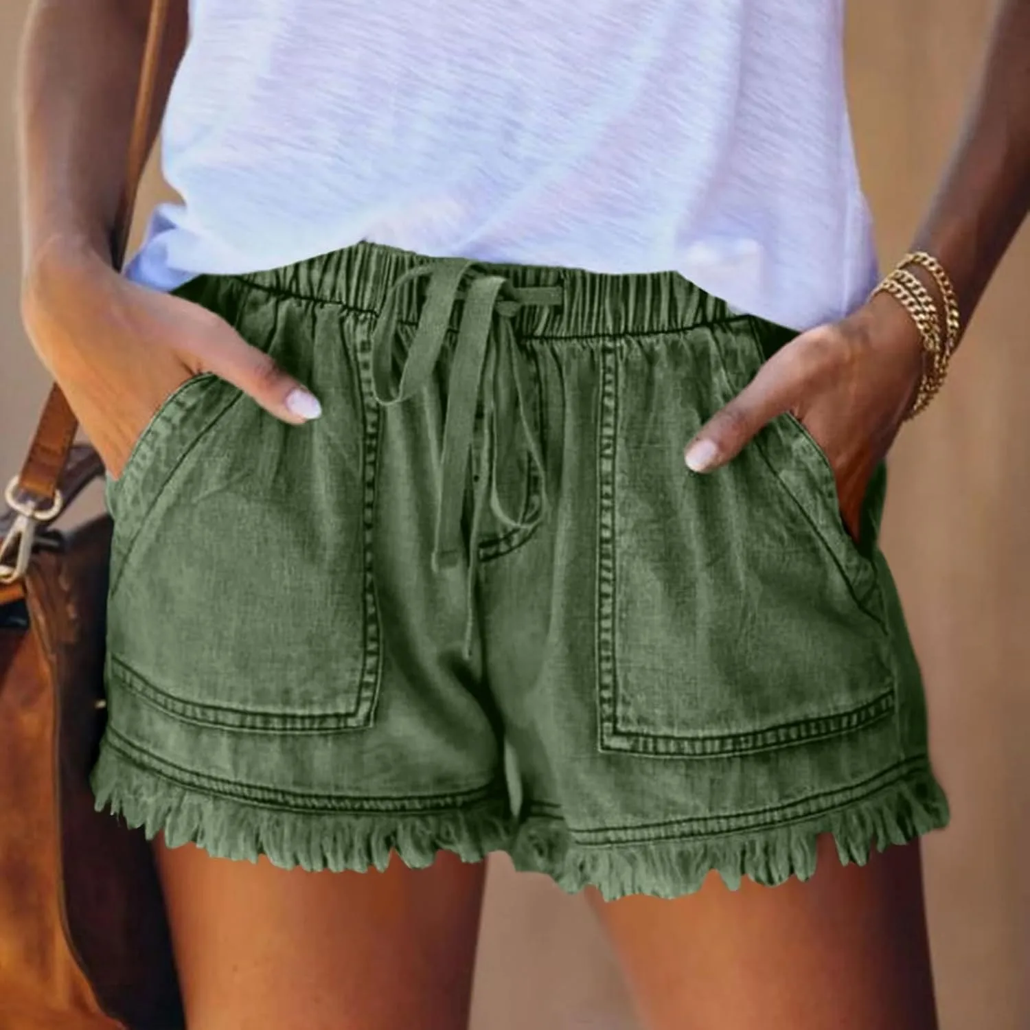 Jeans Shorts Women High Elastic Waisted Stretchy Fringed Denim Shorts Classic Fit Baggy Drawstring Summer Casual Jorts