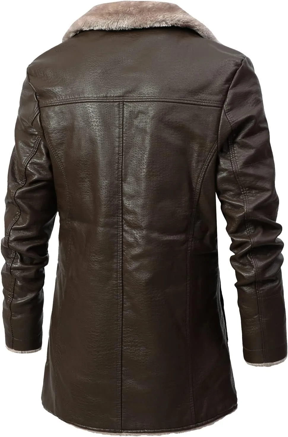 jsaierl Men's Faux Leather Jacket Fleece Sherpa Lined Trench Coats Lapel Long Jackets Single Breasted Warm Overcoat Casual