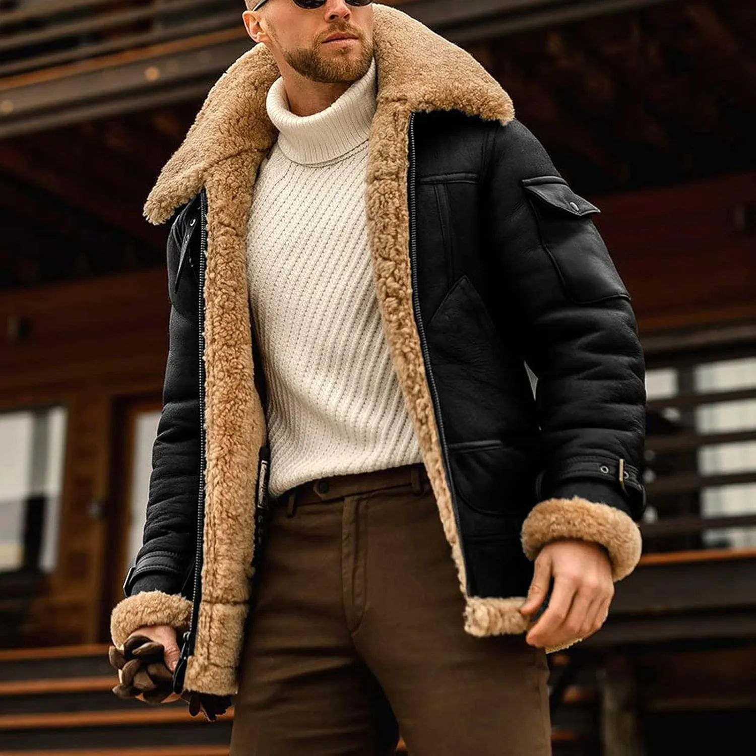 jsaierl Men's Winter Jacket Fleece Sherpa Lined Jacket Faux Suede Warm Coat Shearling Bomber Jacket with Multi Pocket Warm