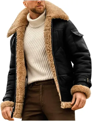 jsaierl Men's Winter Jacket Fleece Sherpa Lined Jacket Faux Suede Warm Coat Shearling Bomber Jacket with Multi Pocket Warm