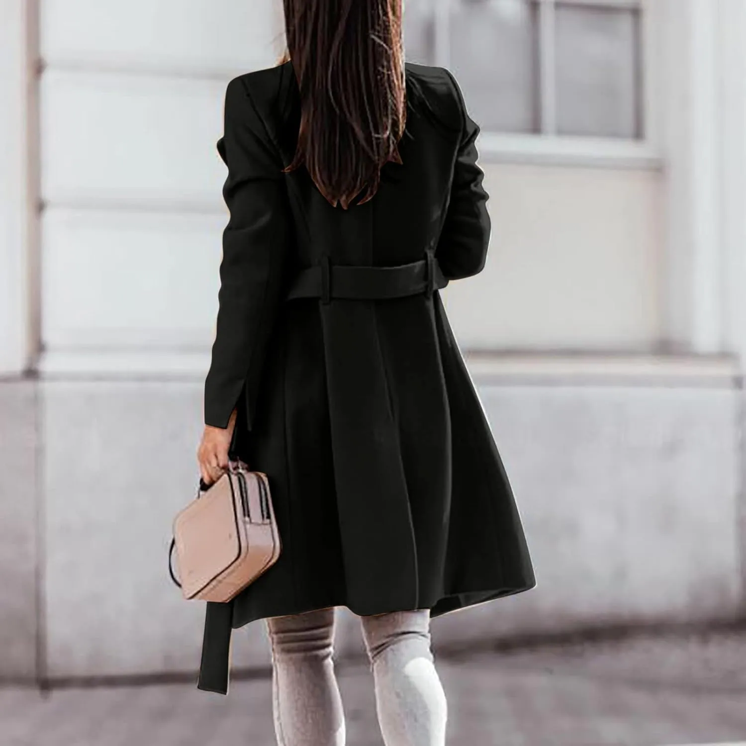 jsaierl Women Winter Trench Coat Belted Long Sleeves Lapel Collar Single Breasted Peacoat Wool Blend Mid Long Pea Coat Jacket