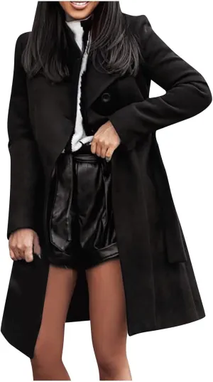 jsaierl Women Winter Trench Coat Belted Long Sleeves Lapel Collar Single Breasted Peacoat Wool Blend Mid Long Pea Coat Jacket