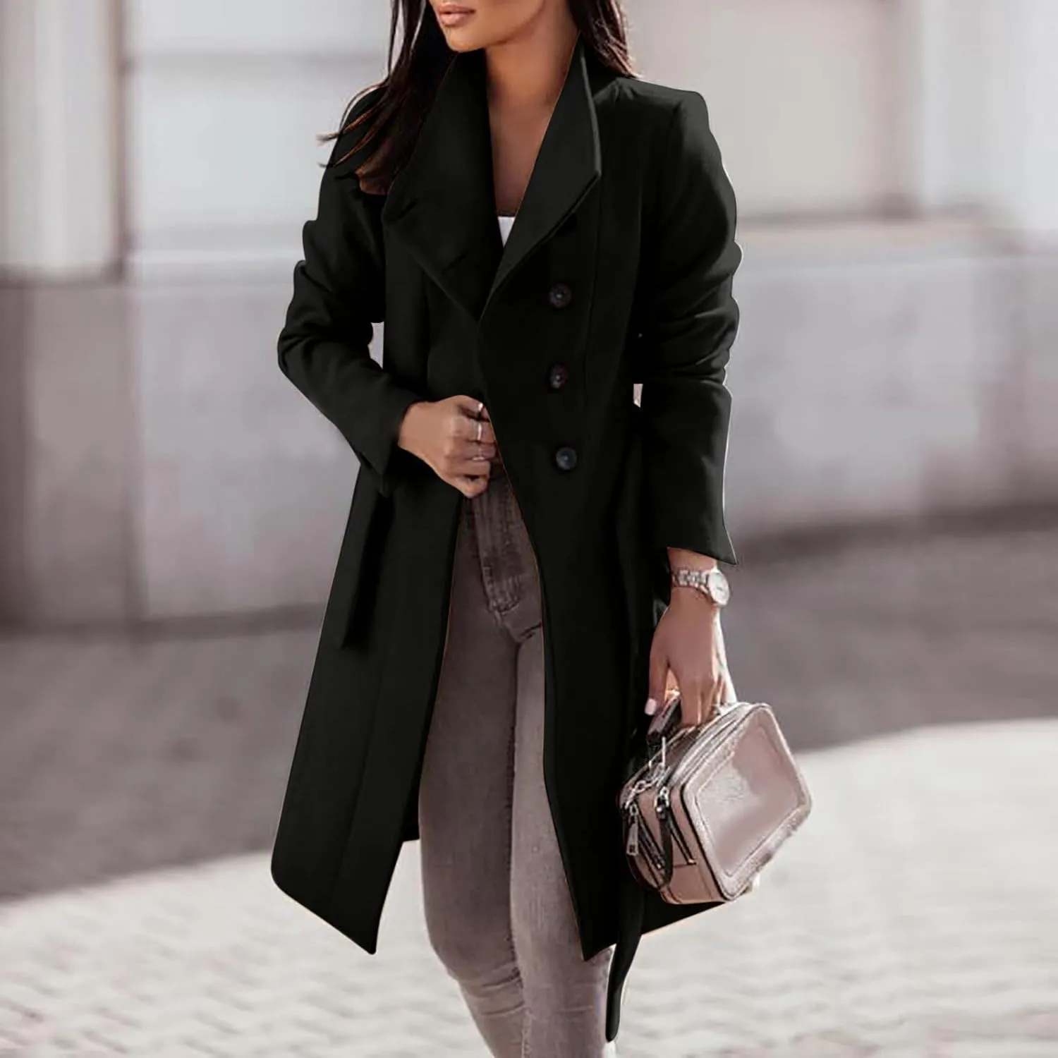 jsaierl Women Winter Trench Coat Belted Long Sleeves Lapel Collar Single Breasted Peacoat Wool Blend Mid Long Pea Coat Jacket