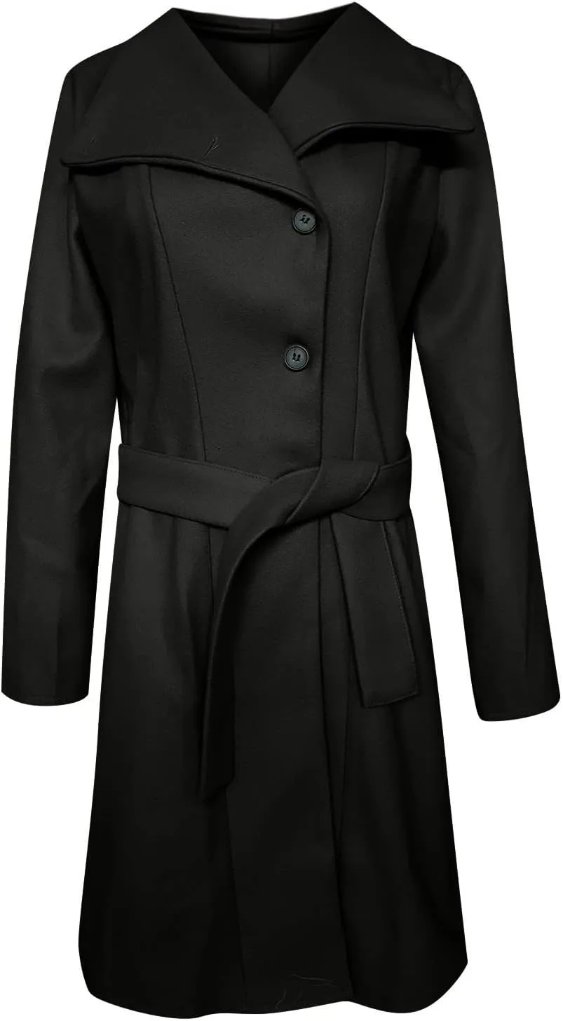 jsaierl Women Winter Trench Coat Belted Long Sleeves Lapel Collar Single Breasted Peacoat Wool Blend Mid Long Pea Coat Jacket