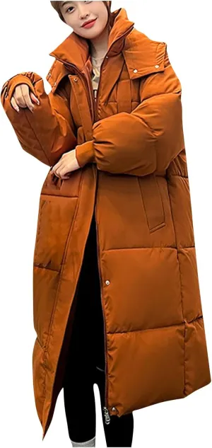 jsaierl Womens Oversized Long Puffer Jacket Casual Comfy Warm Quilted Down Coat Winter Thicken Parka Zip Up Hoodies Outerwear