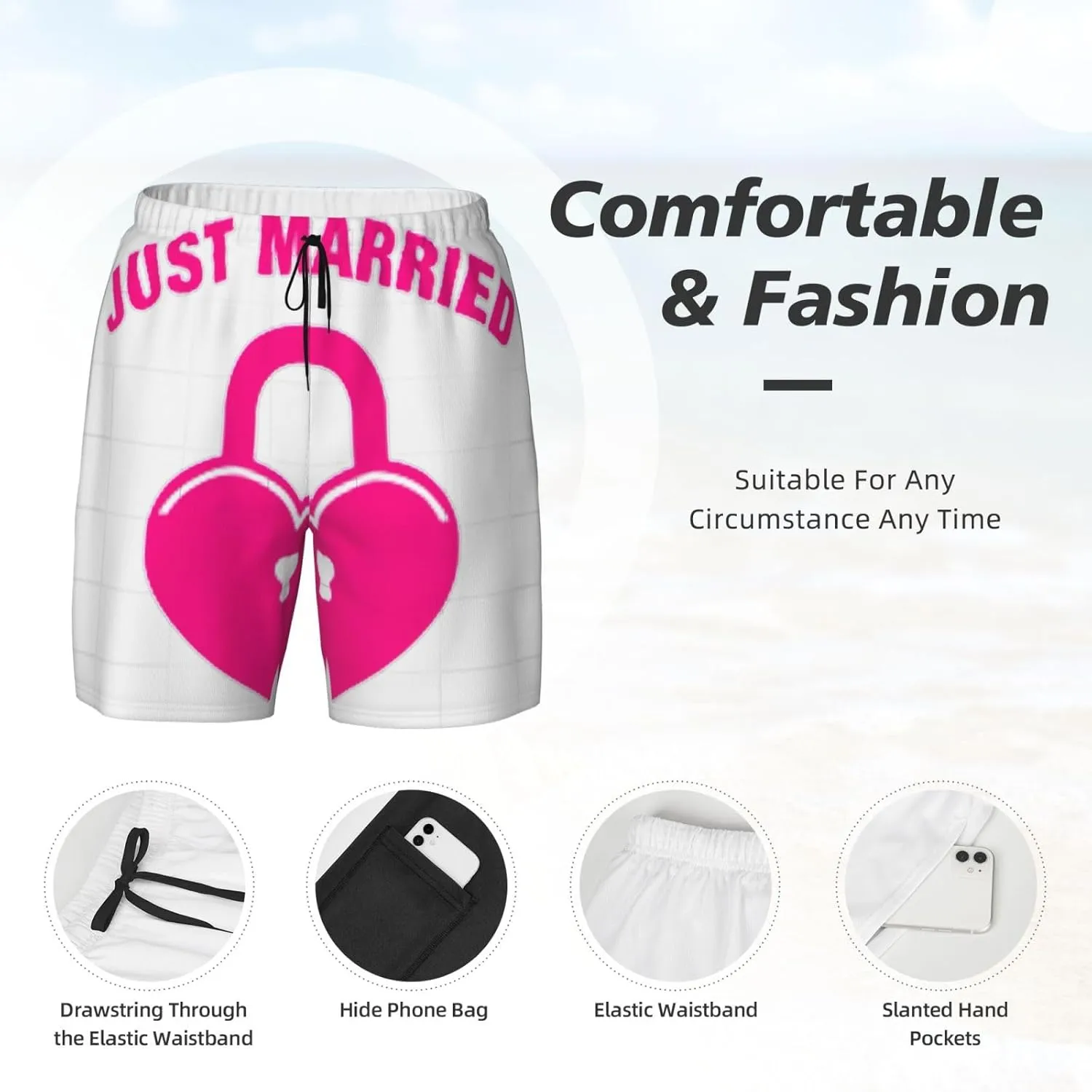 just Married Print Mens Swim Trunks Quick Dry Board Shorts Mesh Lining, Breathable Beach Surf Shorts