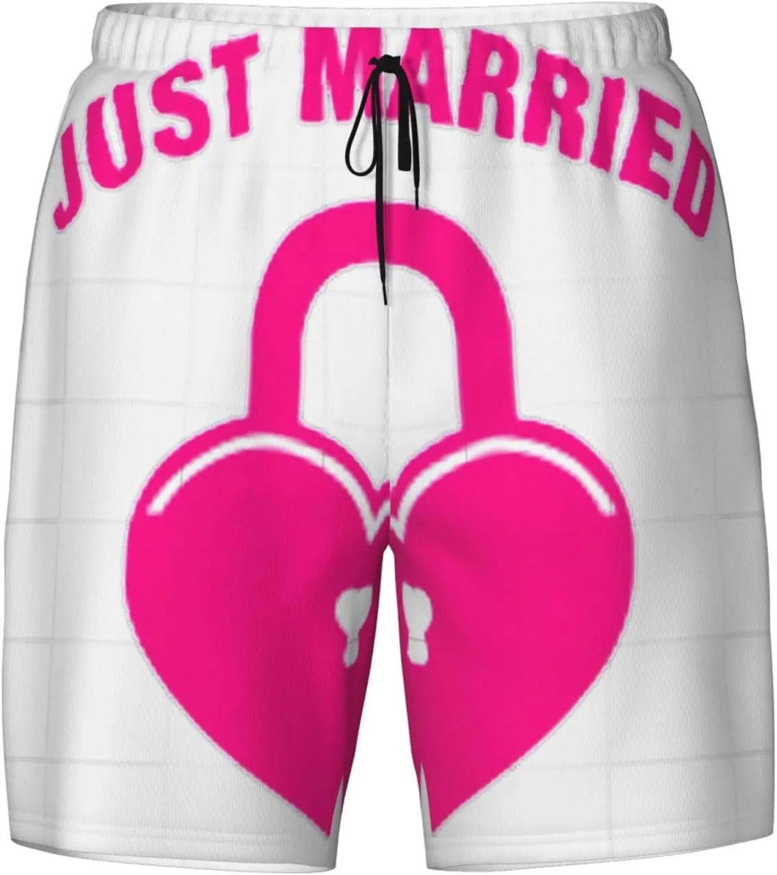 just Married Print Mens Swim Trunks Quick Dry Board Shorts Mesh Lining, Breathable Beach Surf Shorts