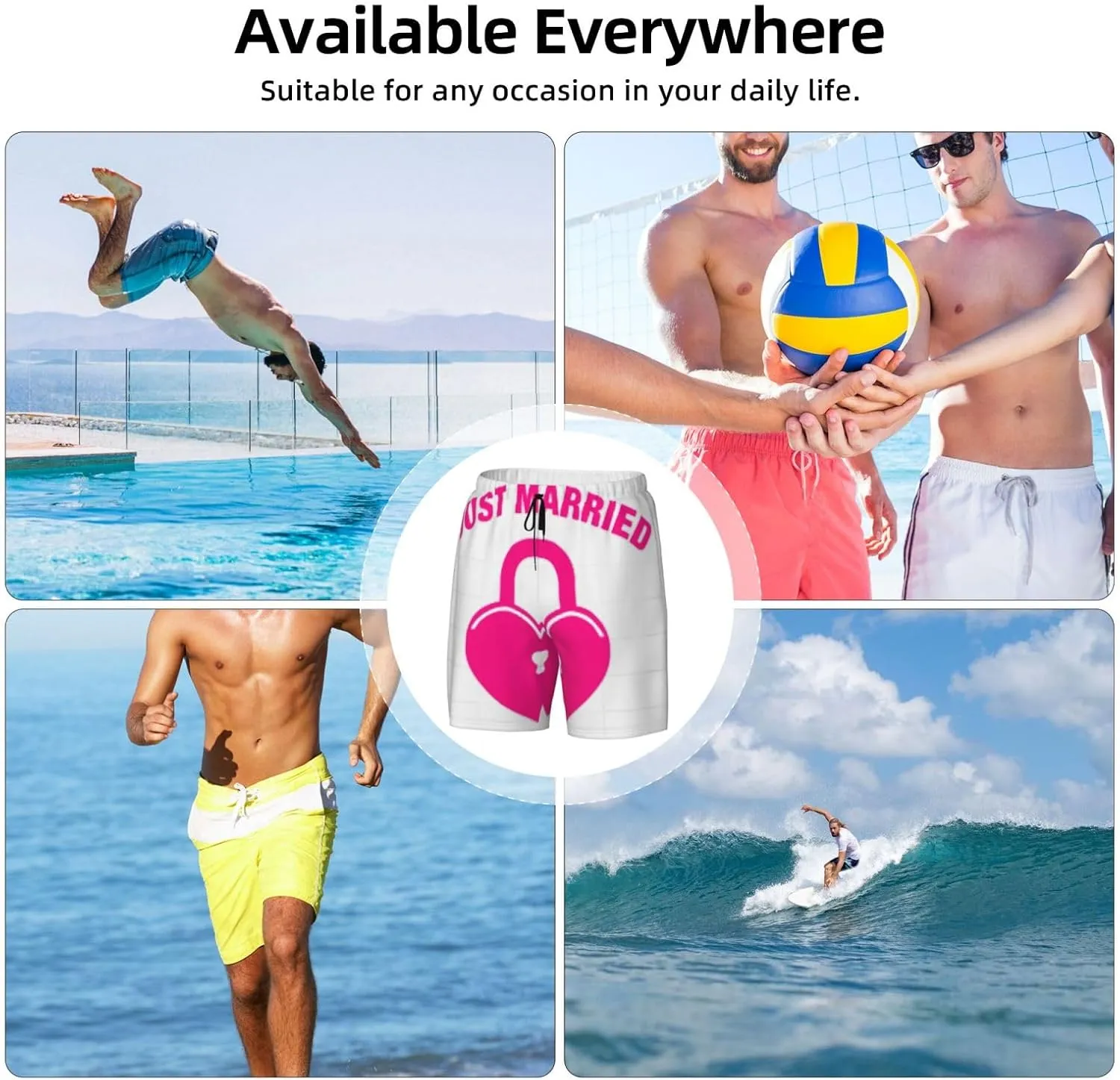 just Married Print Mens Swim Trunks Quick Dry Board Shorts Mesh Lining, Breathable Beach Surf Shorts