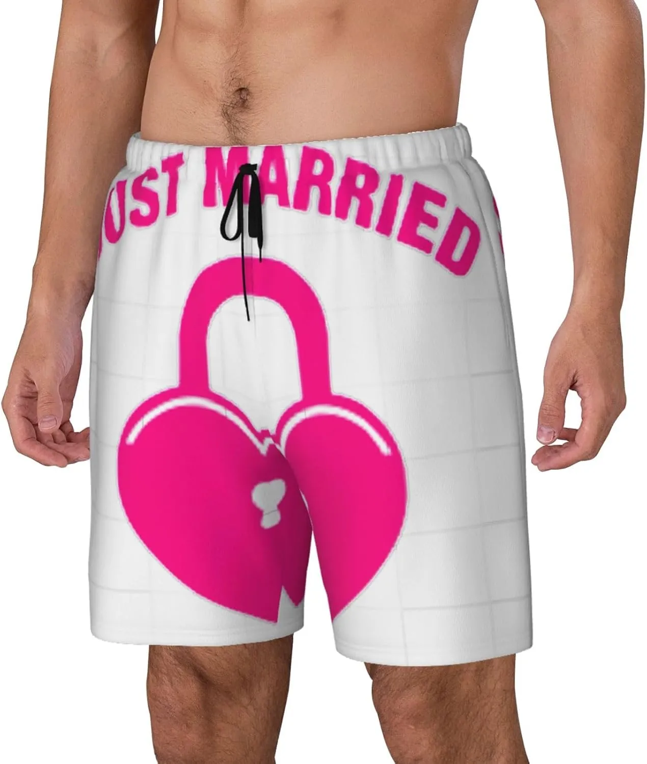 just Married Print Mens Swim Trunks Quick Dry Board Shorts Mesh Lining, Breathable Beach Surf Shorts