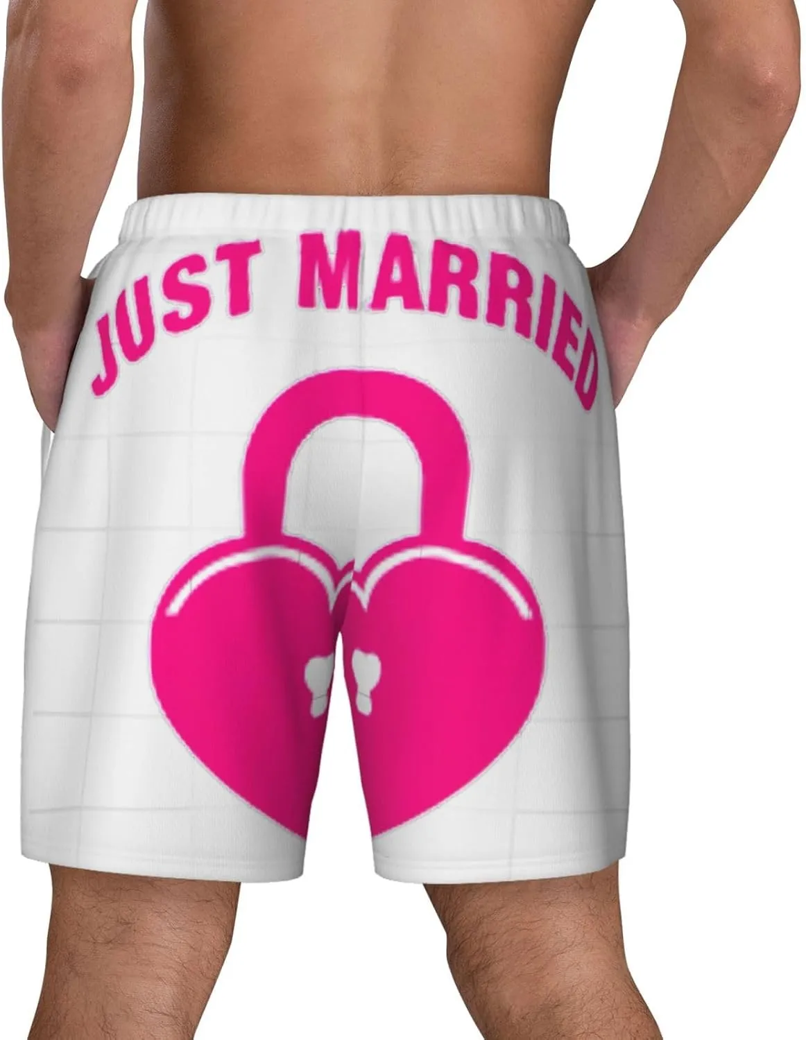 just Married Print Mens Swim Trunks Quick Dry Board Shorts Mesh Lining, Breathable Beach Surf Shorts