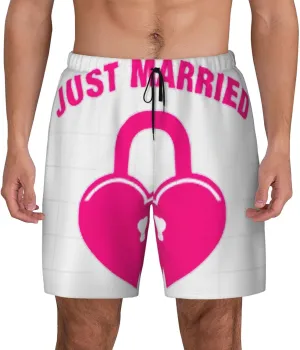 just Married Print Mens Swim Trunks Quick Dry Board Shorts Mesh Lining, Breathable Beach Surf Shorts