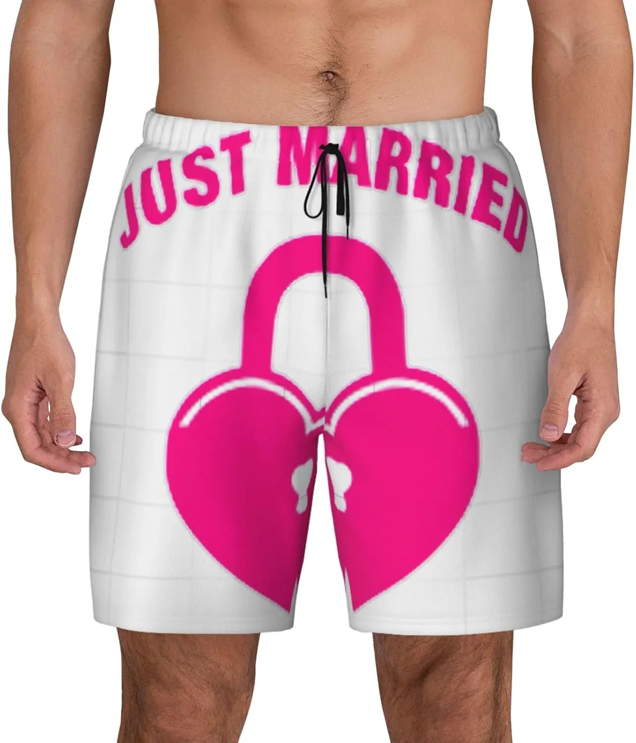 just Married Print Mens Swim Trunks Quick Dry Board Shorts Mesh Lining, Breathable Beach Surf Shorts