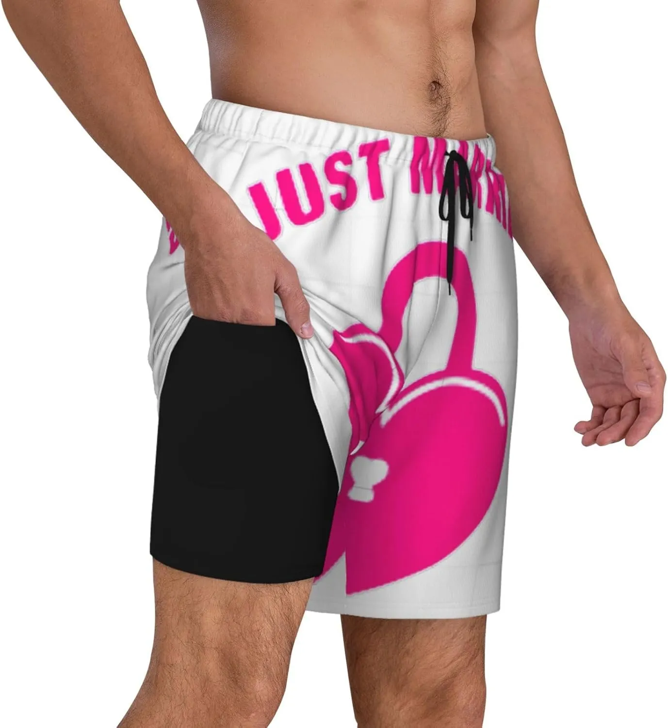 just Married Print Mens Swim Trunks Quick Dry Board Shorts Mesh Lining, Breathable Beach Surf Shorts