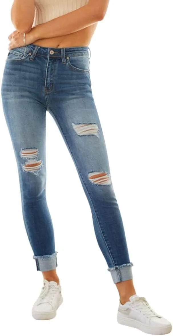 Kancan Women's High Rise Distressed Cuffed Ankle Skinny Jeans - KC7299