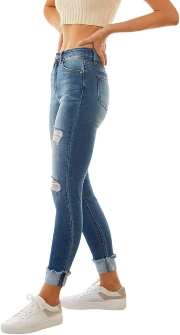 Kancan Women's High Rise Distressed Cuffed Ankle Skinny Jeans - KC7299
