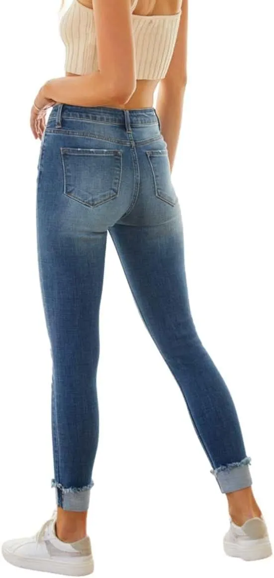 Kancan Women's High Rise Distressed Cuffed Ankle Skinny Jeans - KC7299