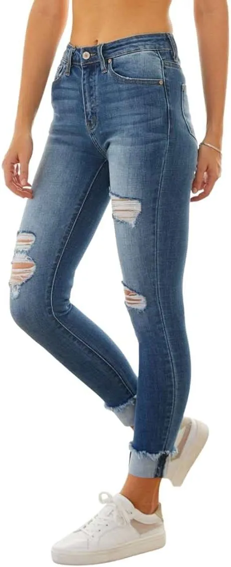 Kancan Women's High Rise Distressed Cuffed Ankle Skinny Jeans - KC7299
