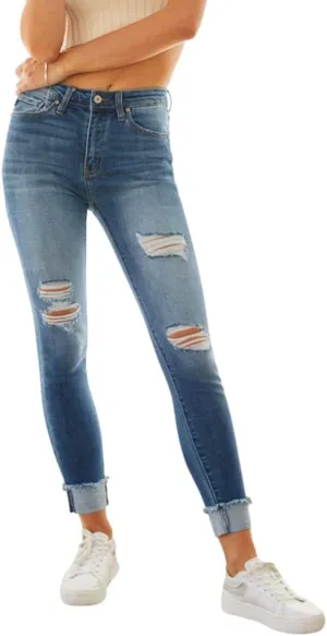 Kancan Women's High Rise Distressed Cuffed Ankle Skinny Jeans - KC7299
