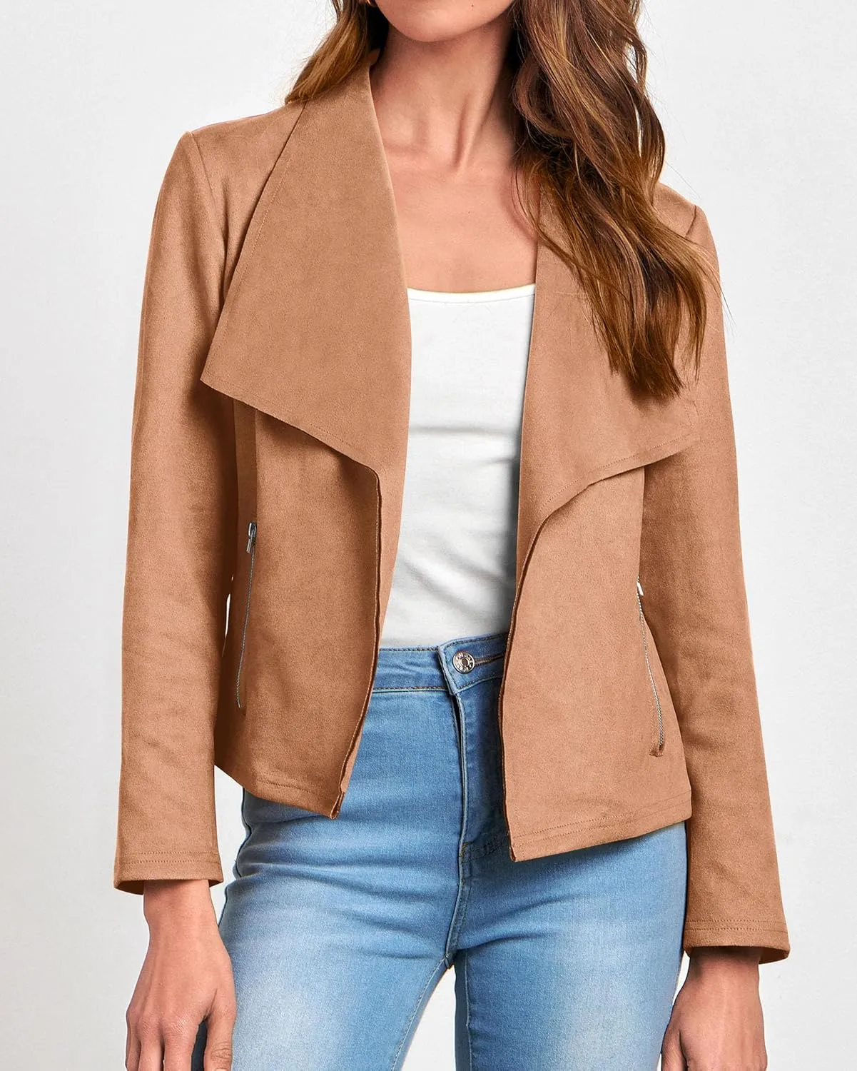 KIRUNDO Womens Fashion Faux Suede Jacket 2024 Fall Winter Casual Long Sleeve Open Front Bomber Cropped Coat Outerwear
