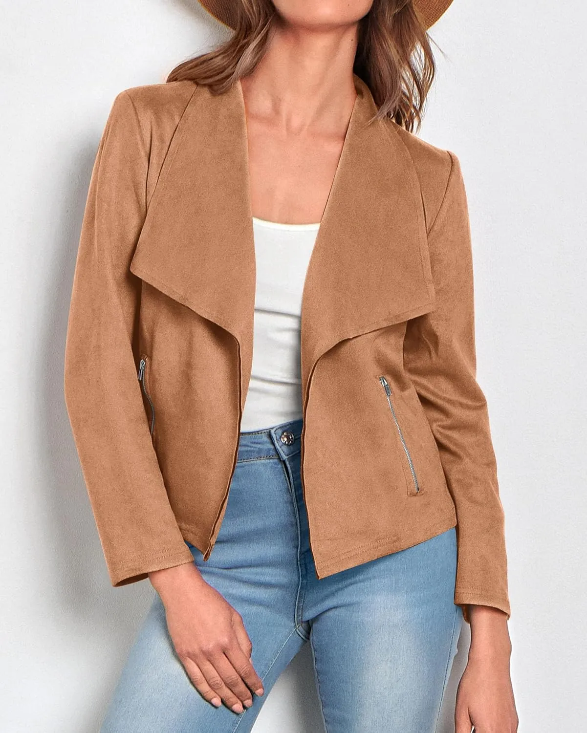 KIRUNDO Womens Fashion Faux Suede Jacket 2024 Fall Winter Casual Long Sleeve Open Front Bomber Cropped Coat Outerwear