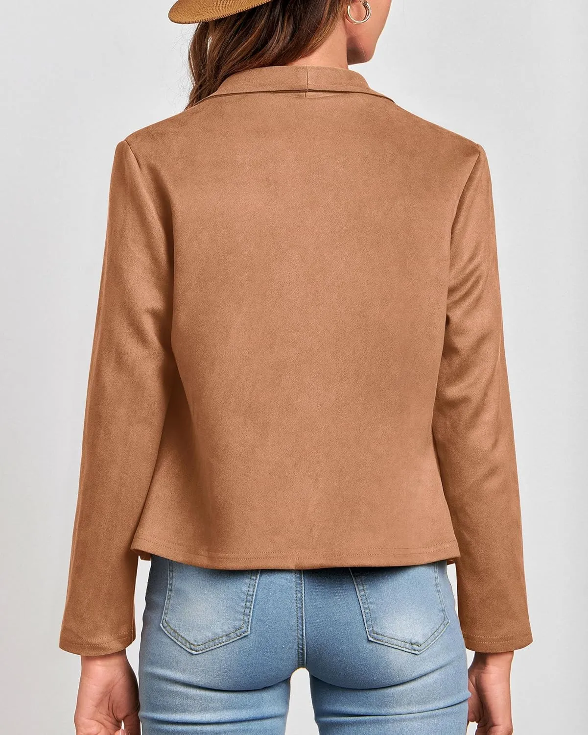 KIRUNDO Womens Fashion Faux Suede Jacket 2024 Fall Winter Casual Long Sleeve Open Front Bomber Cropped Coat Outerwear