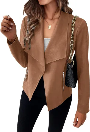 KIRUNDO Womens Fashion Faux Suede Jacket 2024 Fall Winter Casual Long Sleeve Open Front Bomber Cropped Coat Outerwear