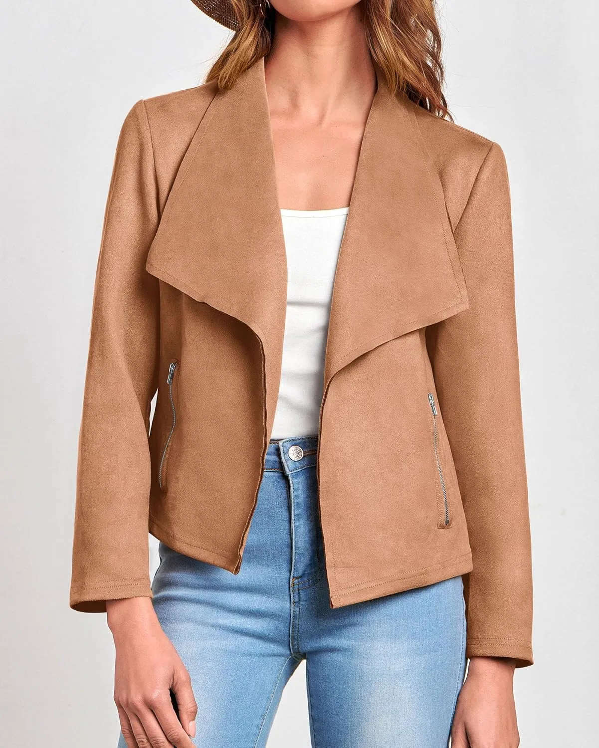 KIRUNDO Womens Fashion Faux Suede Jacket 2024 Fall Winter Casual Long Sleeve Open Front Bomber Cropped Coat Outerwear