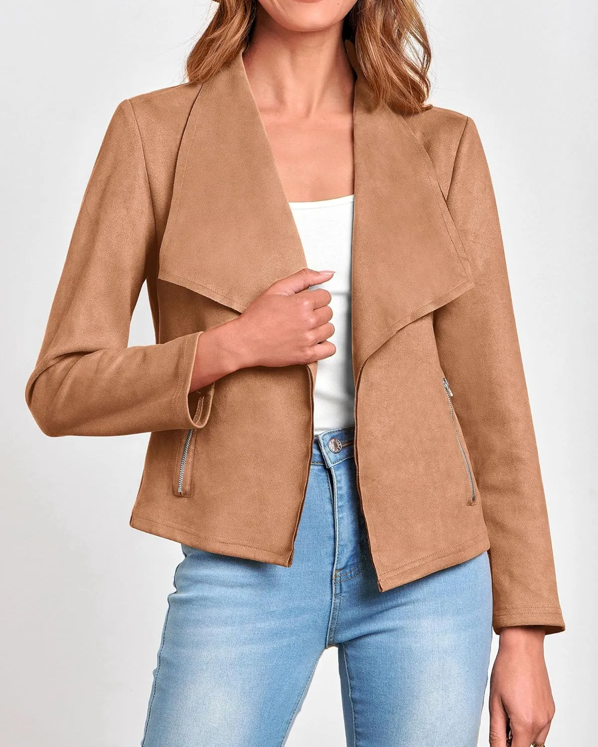 KIRUNDO Womens Fashion Faux Suede Jacket 2024 Fall Winter Casual Long Sleeve Open Front Bomber Cropped Coat Outerwear