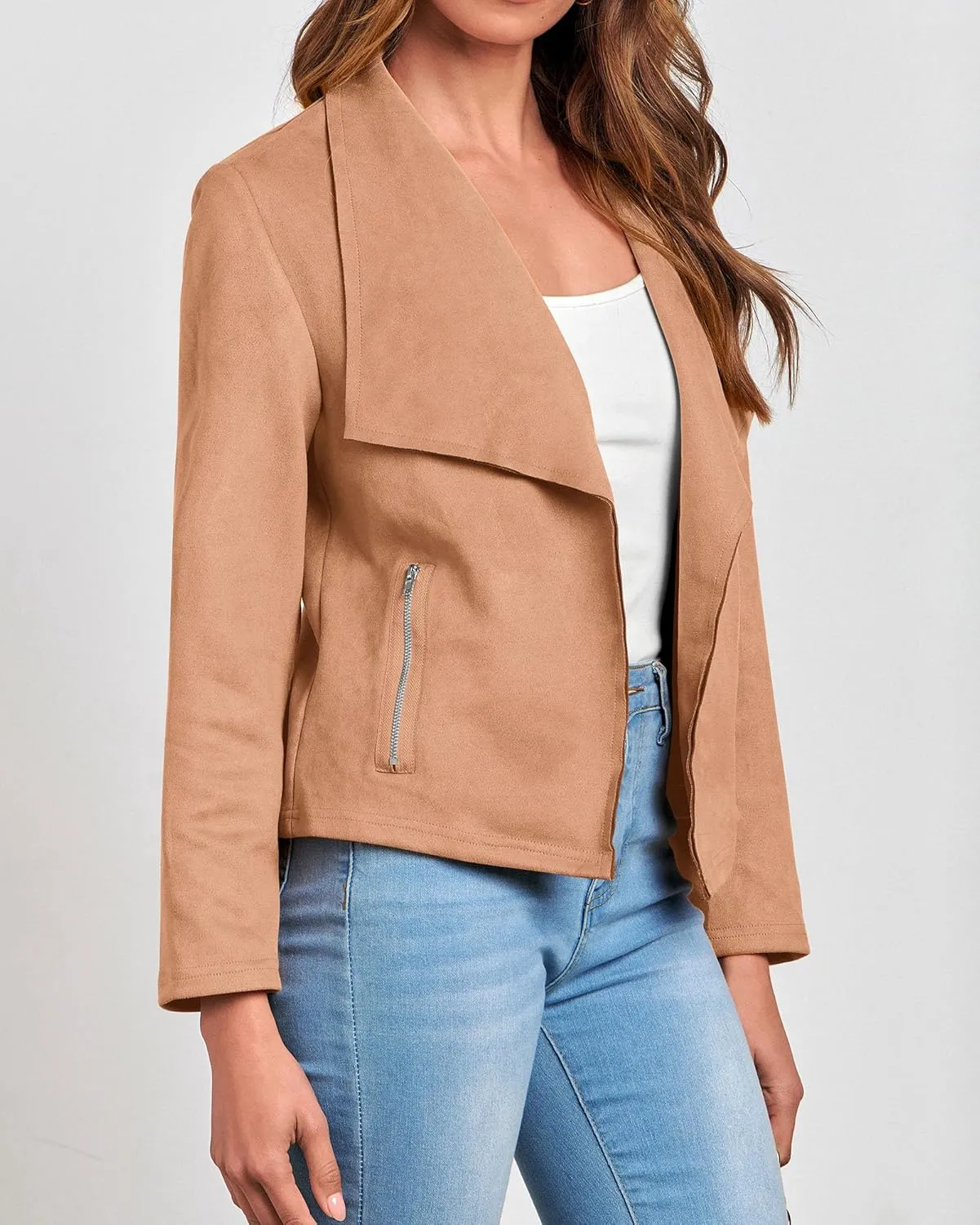 KIRUNDO Womens Fashion Faux Suede Jacket 2024 Fall Winter Casual Long Sleeve Open Front Bomber Cropped Coat Outerwear