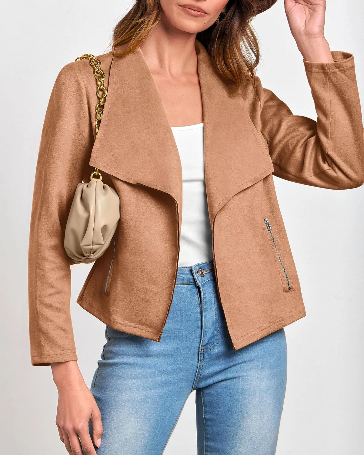 KIRUNDO Womens Fashion Faux Suede Jacket 2024 Fall Winter Casual Long Sleeve Open Front Bomber Cropped Coat Outerwear