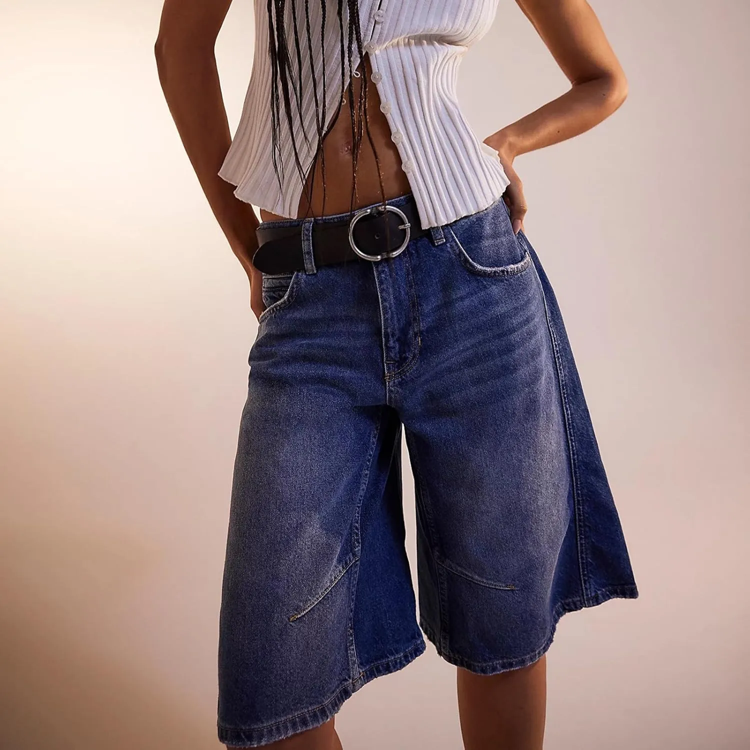 Knee Length Baggy Jorts Women Straight Leg Denim Bermuda Shorts Low Rise Jean Shorts with Pockets