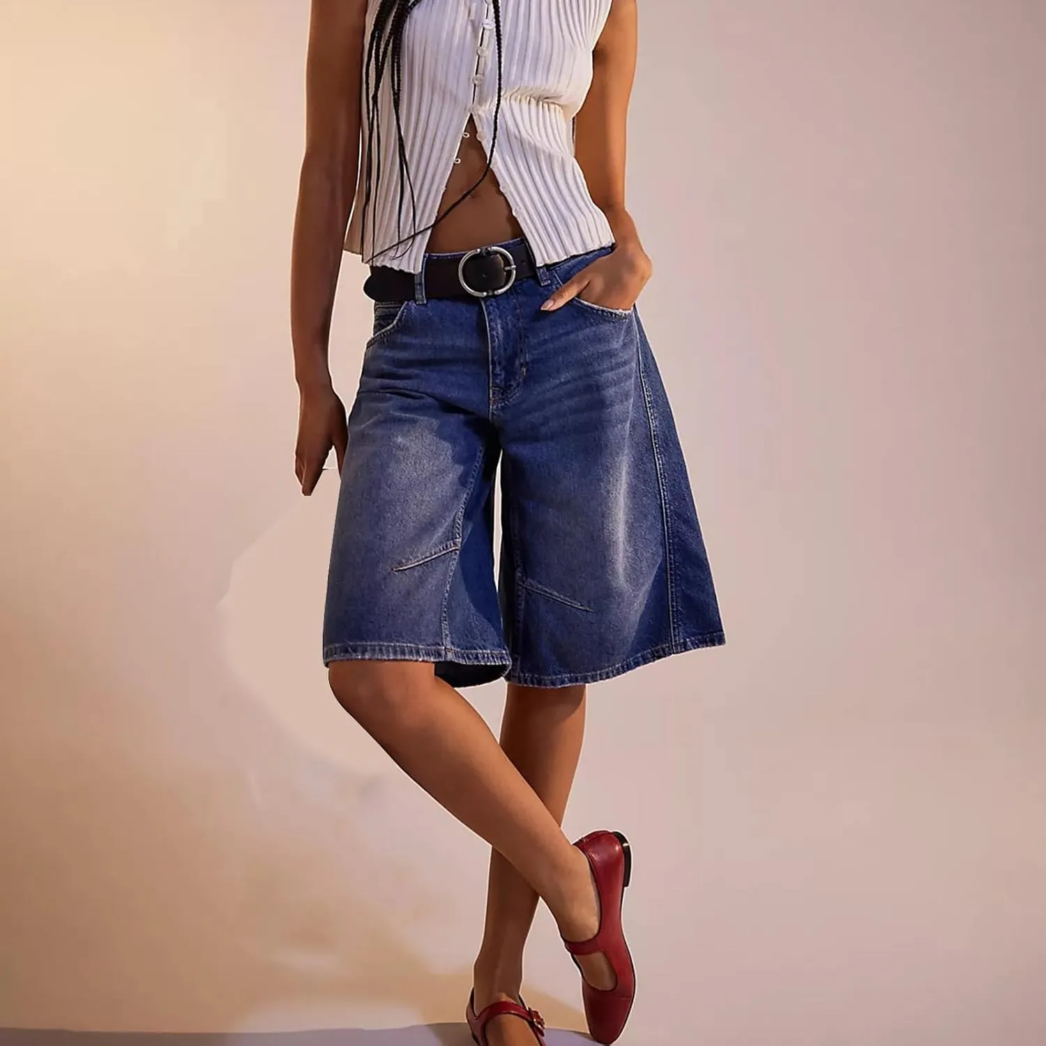 Knee Length Baggy Jorts Women Straight Leg Denim Bermuda Shorts Low Rise Jean Shorts with Pockets