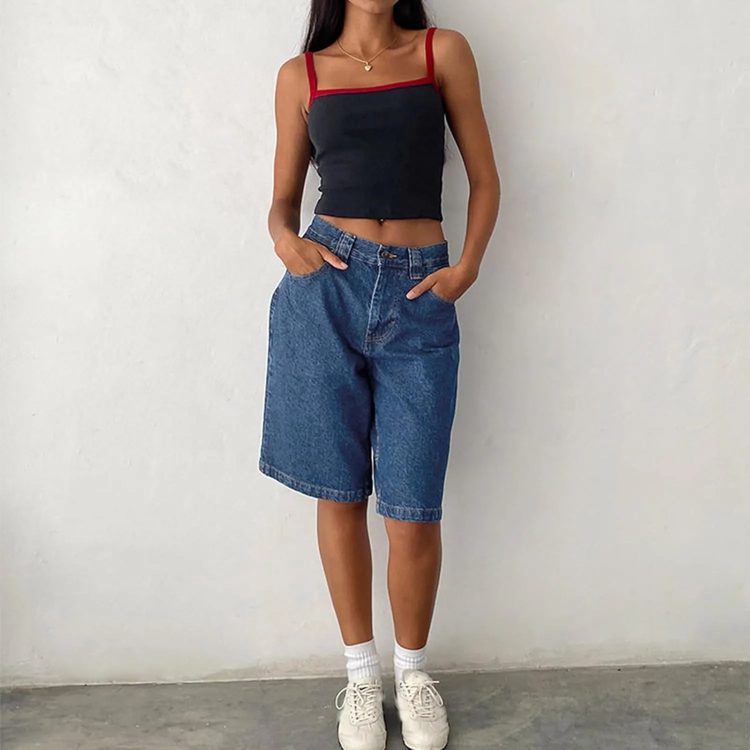 Knee Length Baggy Jorts Women Straight Leg Denim Bermuda Shorts Low Rise Jean Shorts with Pockets