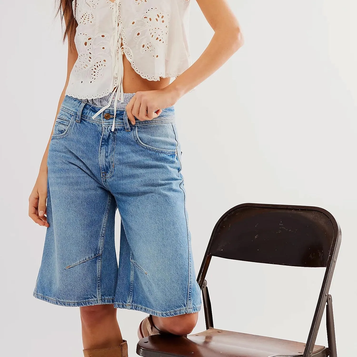 Knee Length Baggy Jorts Women Straight Leg Denim Bermuda Shorts Low Rise Jean Shorts with Pockets