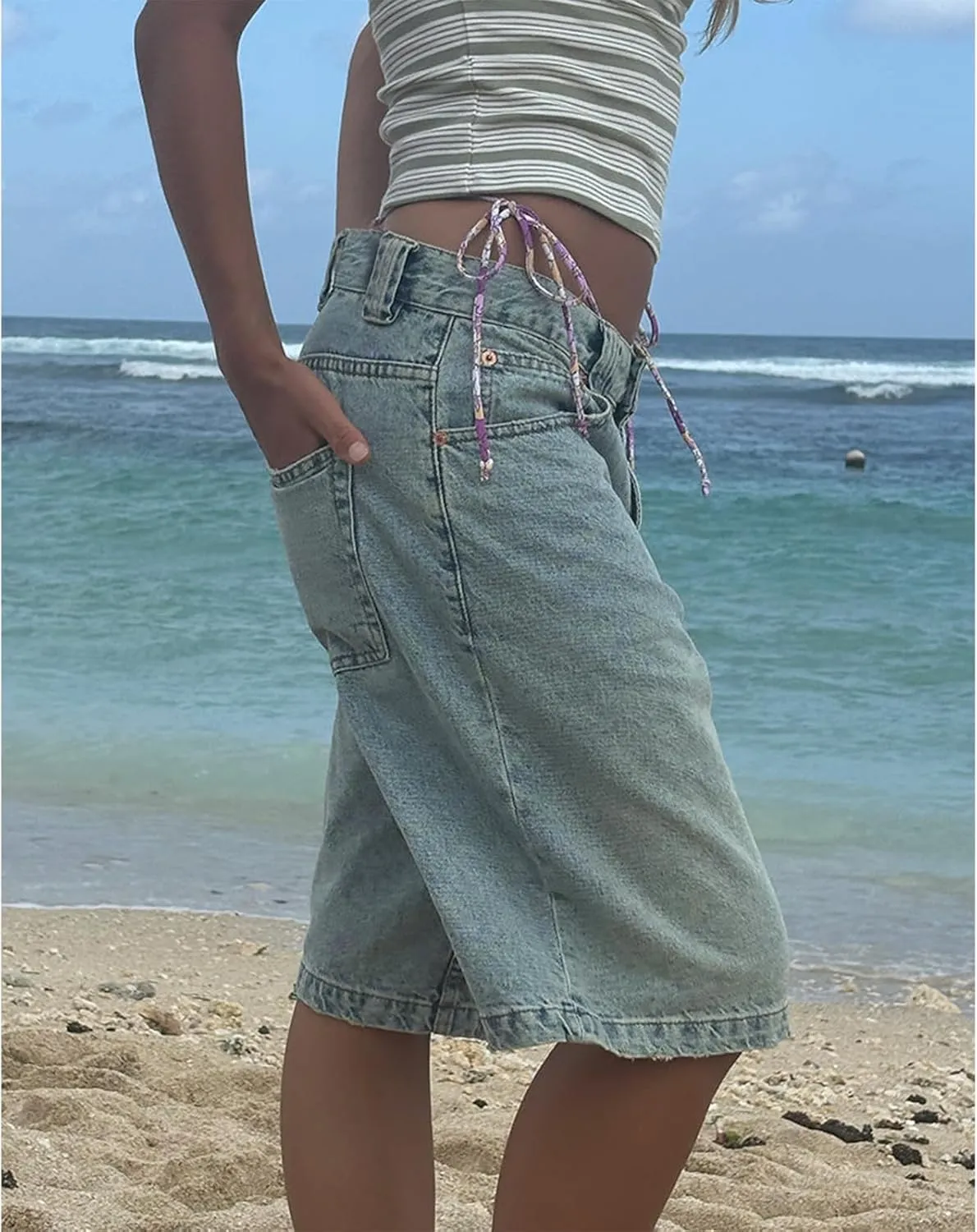 Knee Length Baggy Jorts Women Straight Leg Denim Bermuda Shorts Low Rise Jean Shorts with Pockets