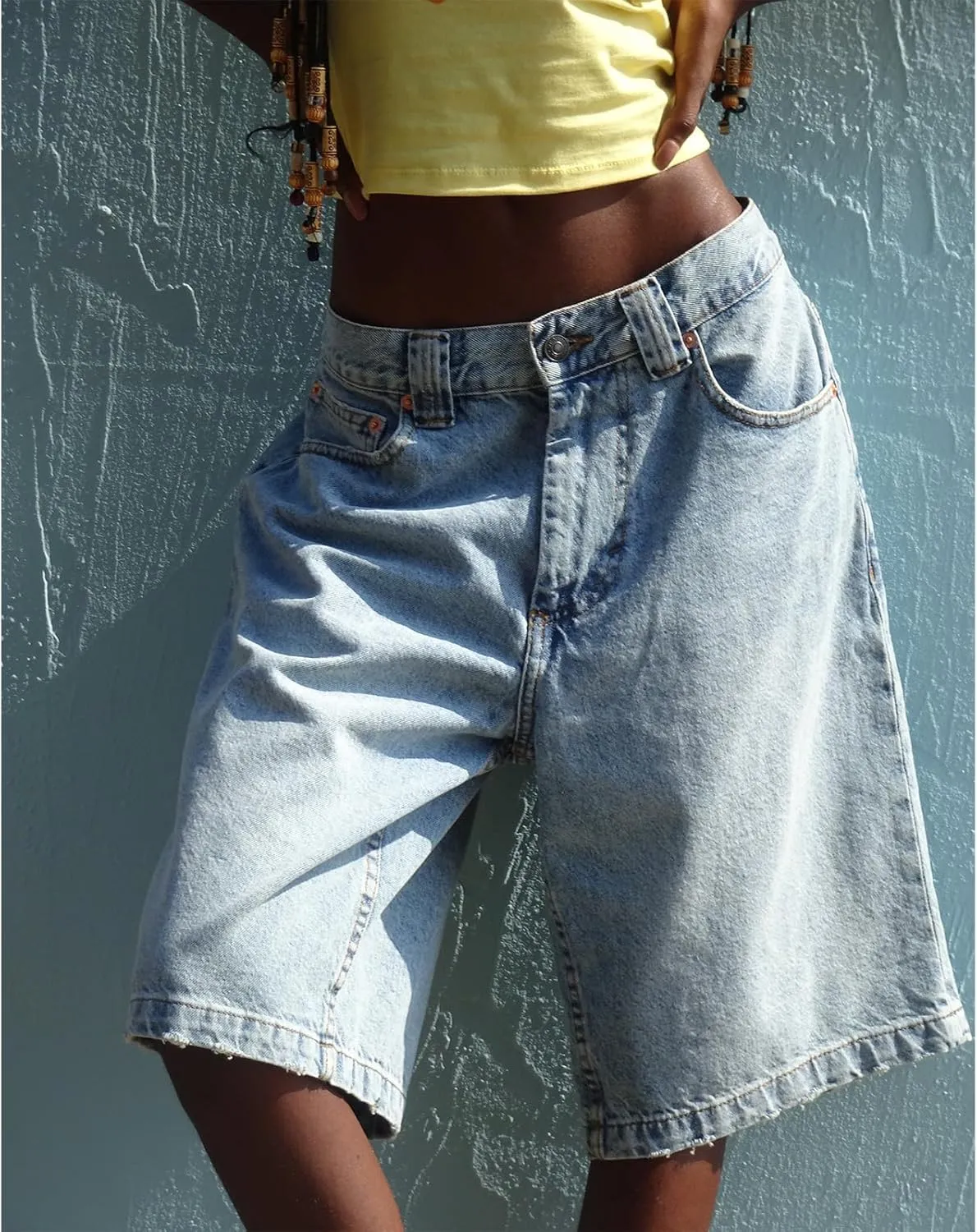 Knee Length Baggy Jorts Women Straight Leg Denim Bermuda Shorts Low Rise Jean Shorts with Pockets