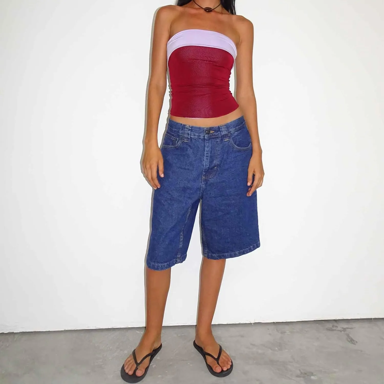 Knee Length Baggy Jorts Women Straight Leg Denim Bermuda Shorts Low Rise Jean Shorts with Pockets