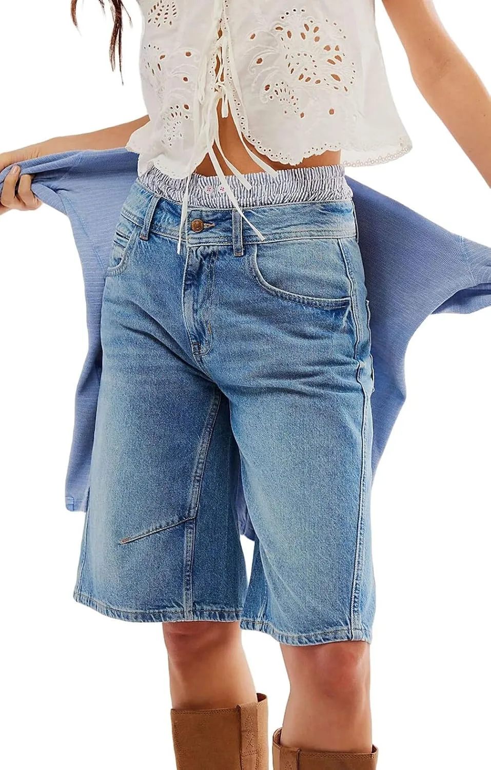 Knee Length Baggy Jorts Women Straight Leg Denim Bermuda Shorts Low Rise Jean Shorts with Pockets