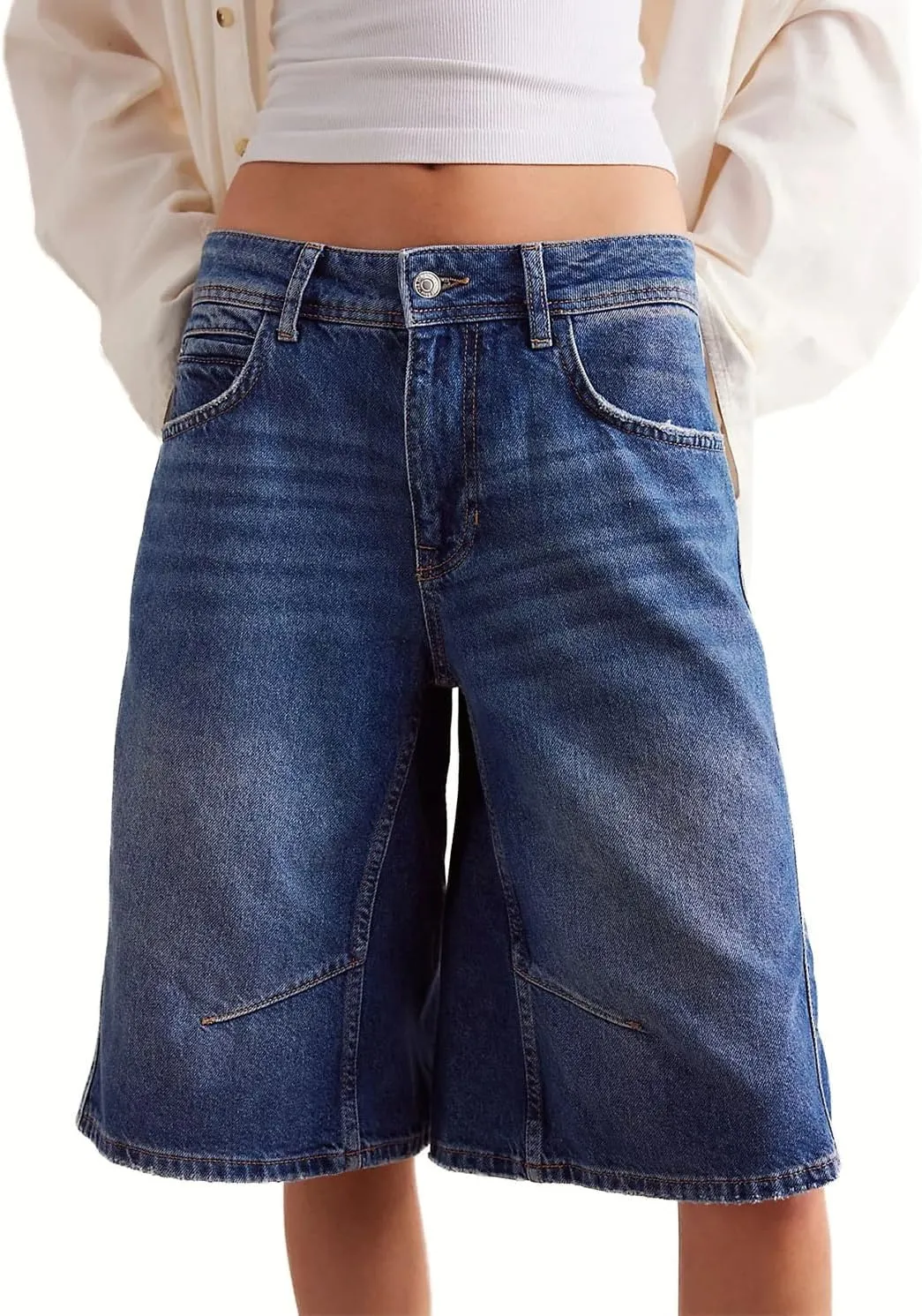 Knee Length Baggy Jorts Women Straight Leg Denim Bermuda Shorts Low Rise Jean Shorts with Pockets