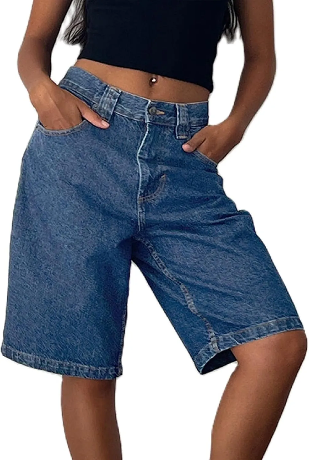 Knee Length Baggy Jorts Women Straight Leg Denim Bermuda Shorts Low Rise Jean Shorts with Pockets