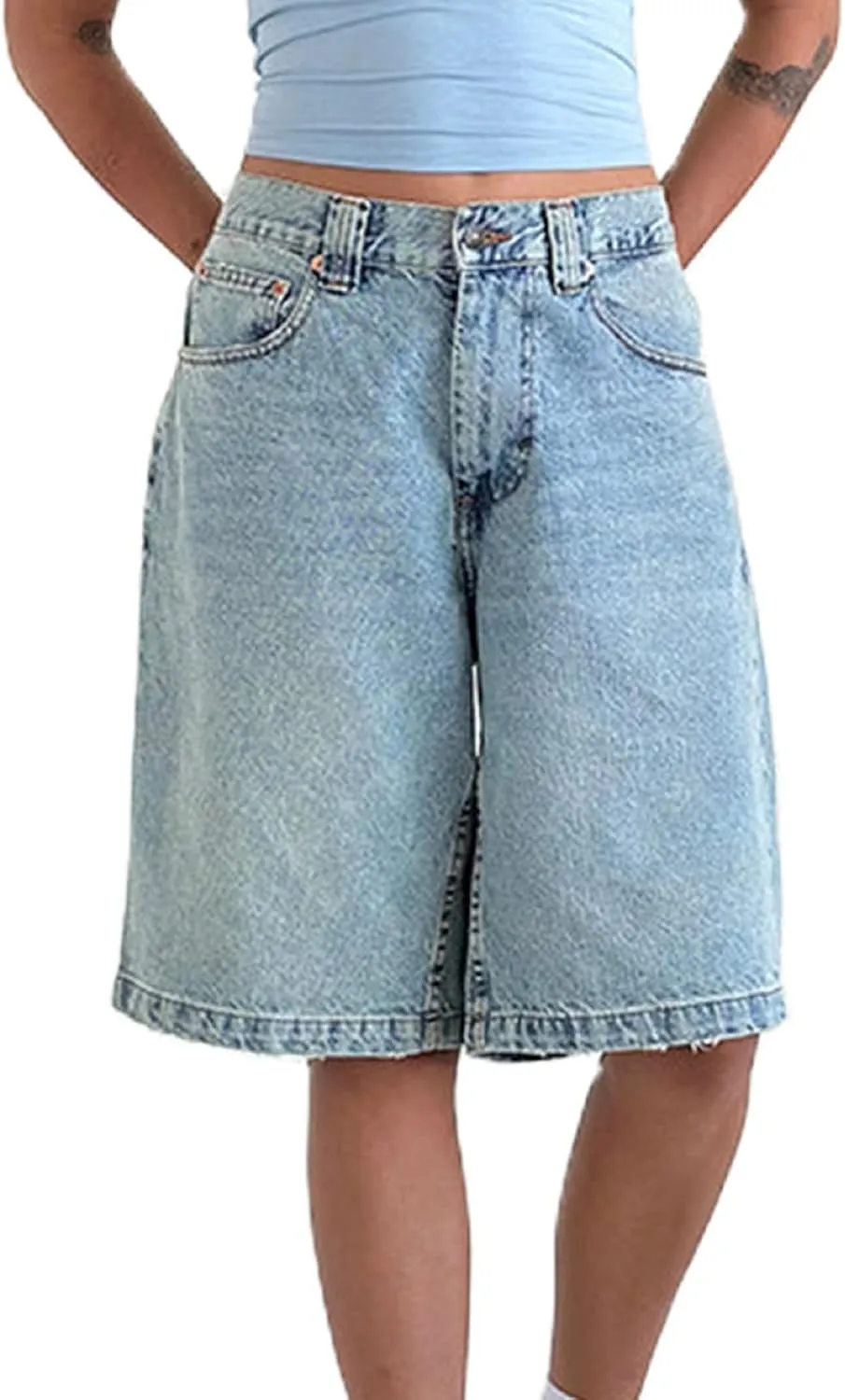 Knee Length Baggy Jorts Women Straight Leg Denim Bermuda Shorts Low Rise Jean Shorts with Pockets