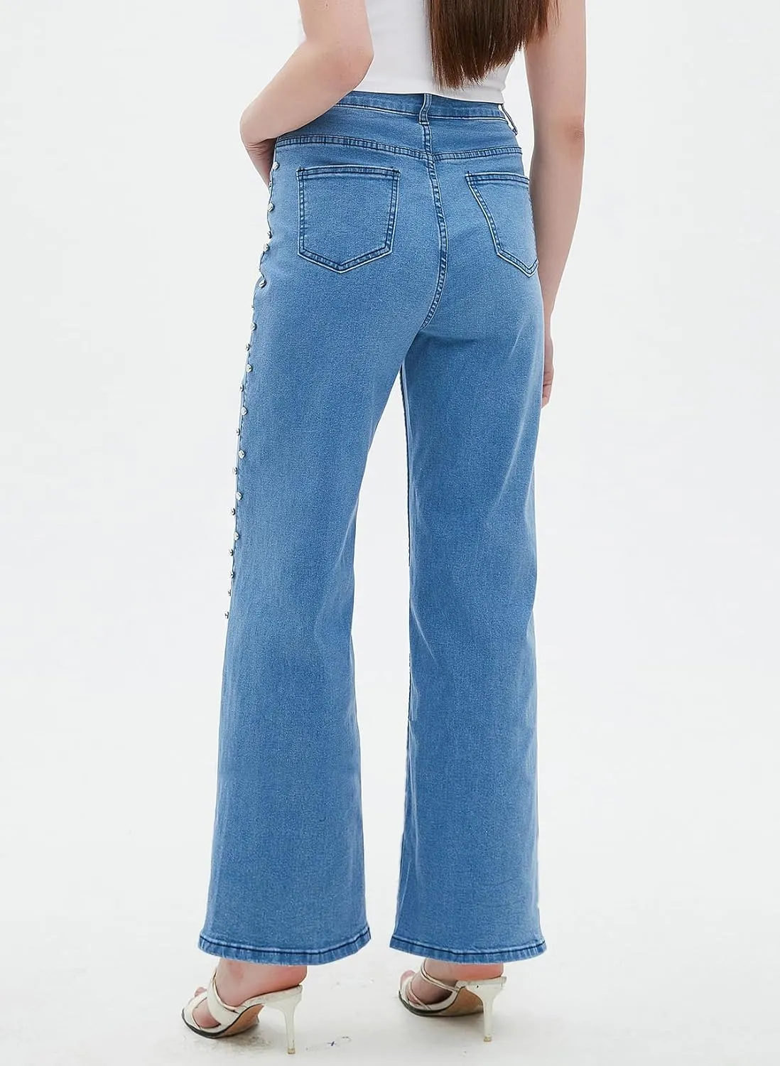 Ladyful Women's Straight Leg Jeans Stud High Waist Casual Stretch Denim Pants Embellished Split Jeans