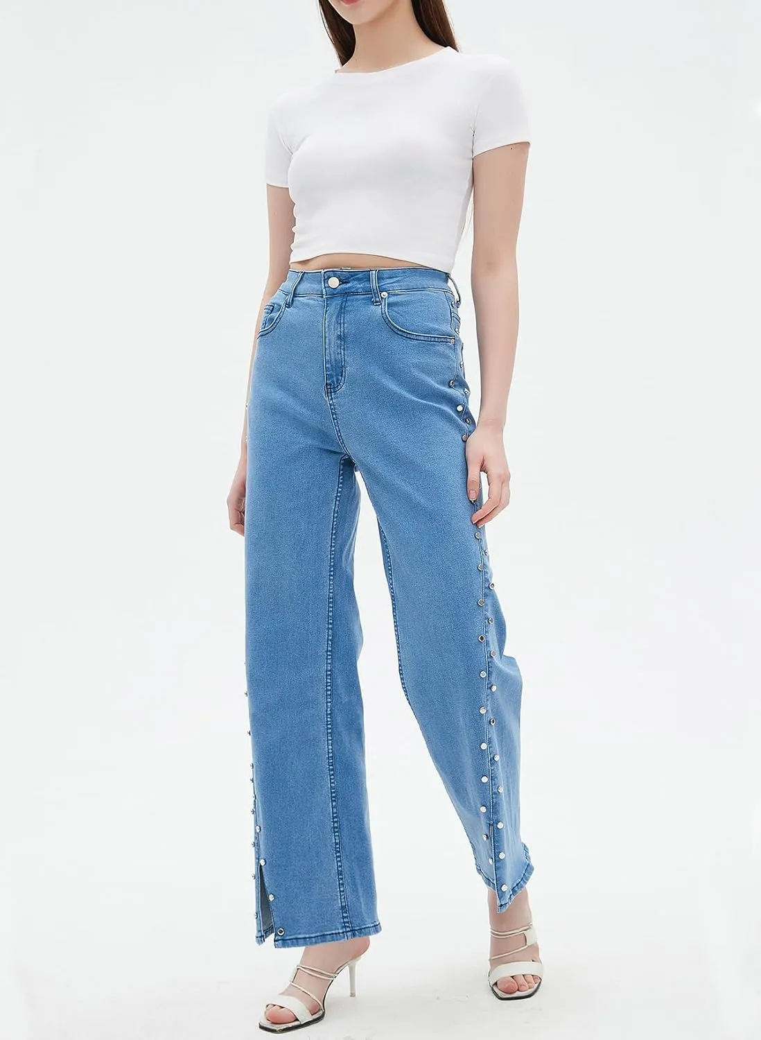 Ladyful Women's Straight Leg Jeans Stud High Waist Casual Stretch Denim Pants Embellished Split Jeans