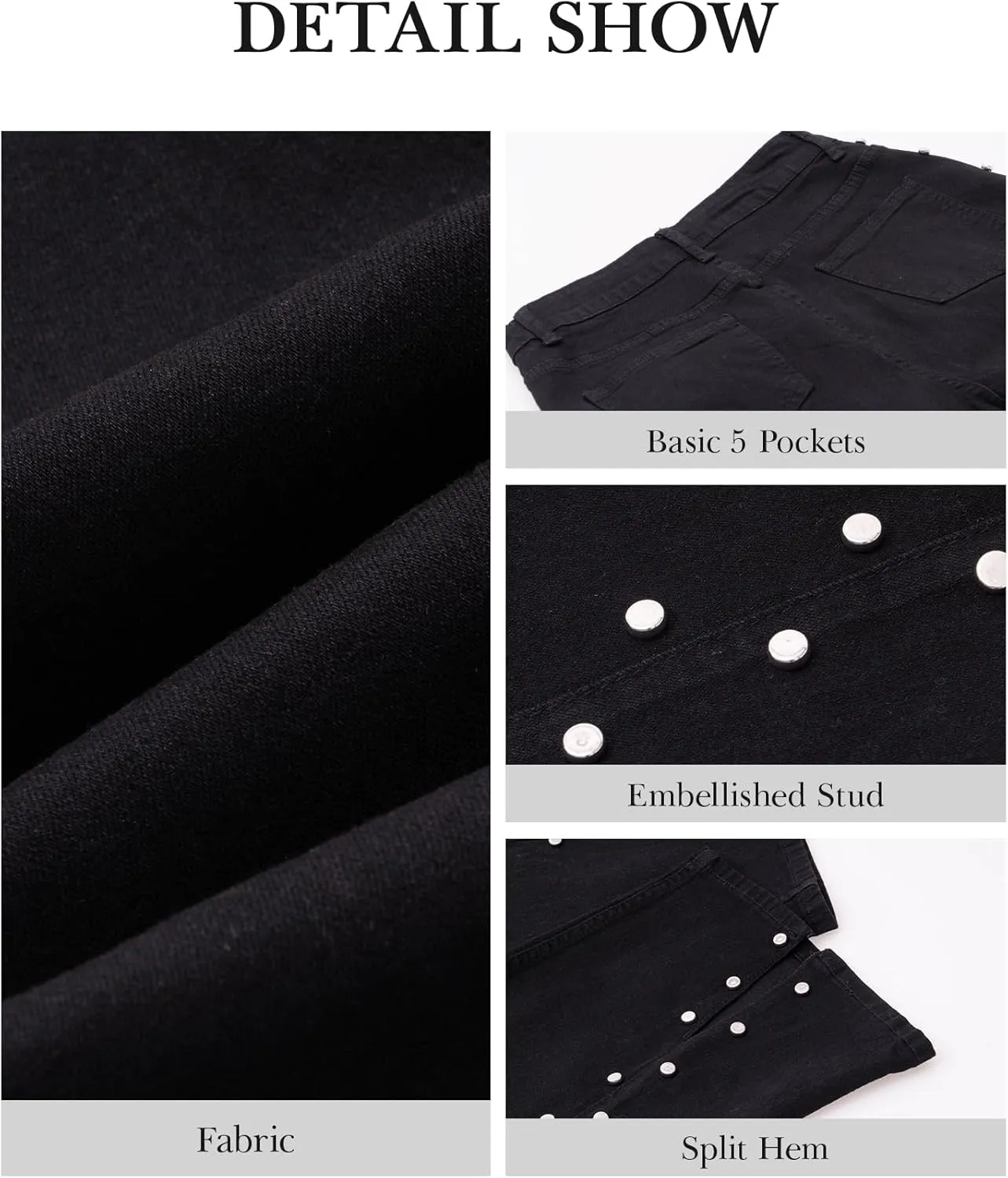 Ladyful Women's Straight Leg Jeans Stud High Waist Casual Stretch Denim Pants Embellished Split Jeans