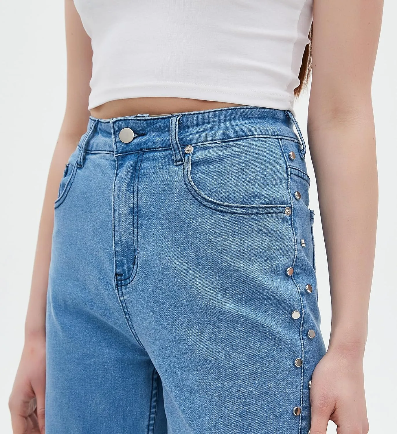 Ladyful Women's Straight Leg Jeans Stud High Waist Casual Stretch Denim Pants Embellished Split Jeans