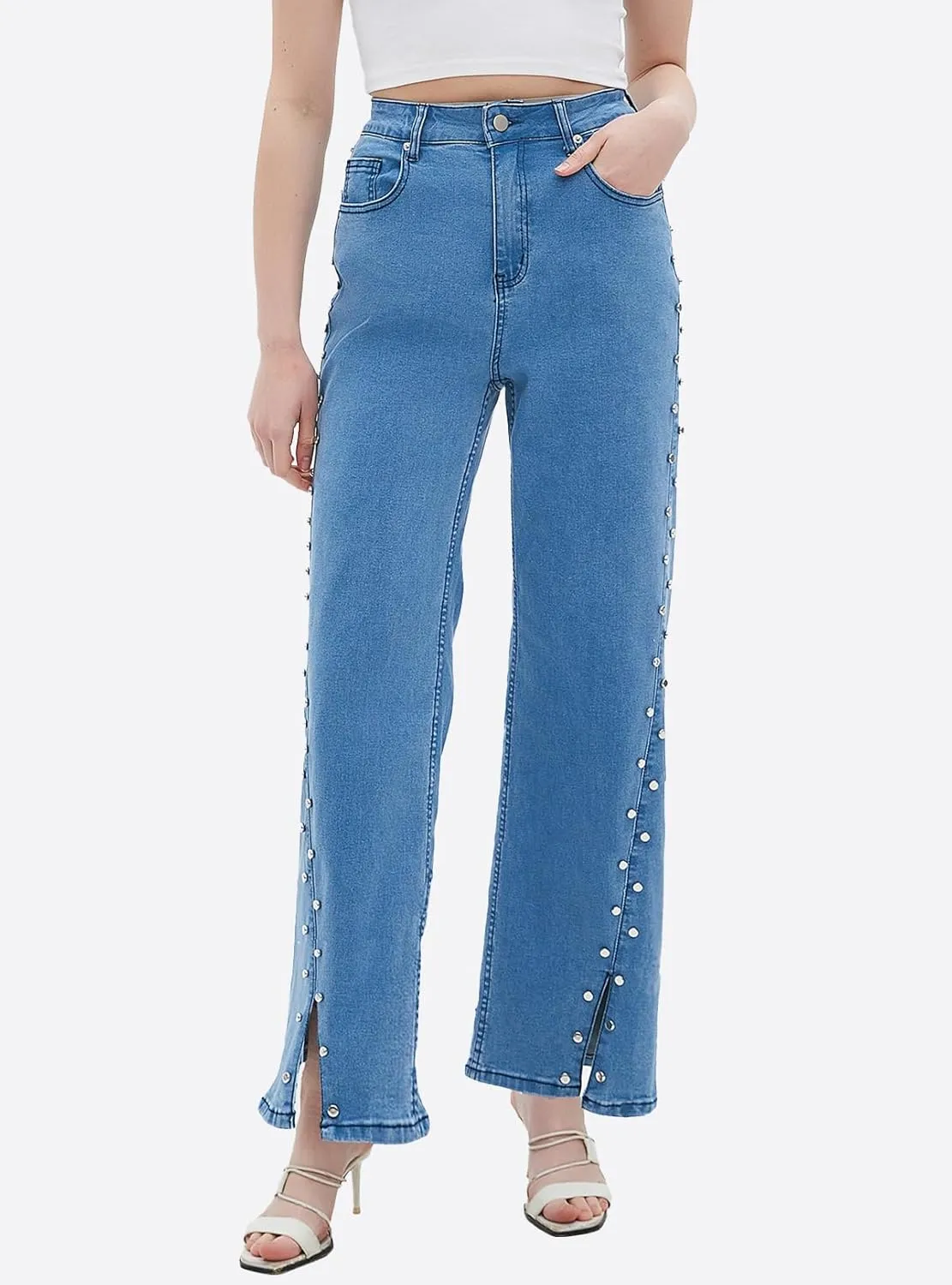 Ladyful Women's Straight Leg Jeans Stud High Waist Casual Stretch Denim Pants Embellished Split Jeans