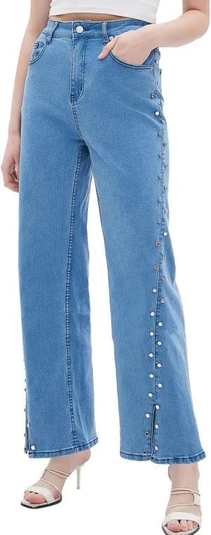 Ladyful Women's Straight Leg Jeans Stud High Waist Casual Stretch Denim Pants Embellished Split Jeans